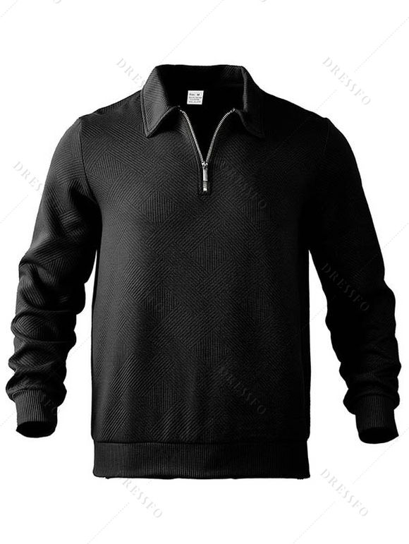Sweat-shirt à manches longues et fermeture éclair texturée pour homme, couleur unie - Noir XXXL