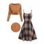Ensemble de Haut Court Vintage Croisé en Tricot à Câble et de Mini Robe à Carreaux à Taille Haute Deux Pièces - café XXL