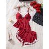 Ensemble haut et bas à nœud papillon colorblock avec empiècements en dentelle - Rouge Vineux XL | US 10