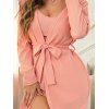 Ensemble de 3 pièces pour le salon, couleur unie, soutien-gorge, short, haut ouvert sur le devant avec ceinture - Rose XL | US 10