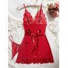 Ensemble de lingerie en dentelle de couleur unie, robe festonnée à nœud papillon, ensemble string - Rouge XL | US 10
