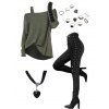 Gothic Outfit Solid Color Skew Neck Top Grommet Pants and Rings Choker Set - Vert Armée S | US 4