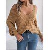 Women Outfit Solid Color Knitted Cold Shoulder Sweater and Lace Up Flare Jeans Set - café S | US 4