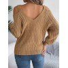 Women Outfit Solid Color Knitted Cold Shoulder Sweater and Lace Up Flare Jeans Set - café S | US 4