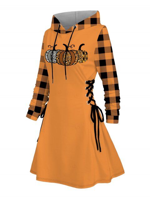 Robe à capuche d'Halloween à lacets et imprimé léopard citrouille et carreaux