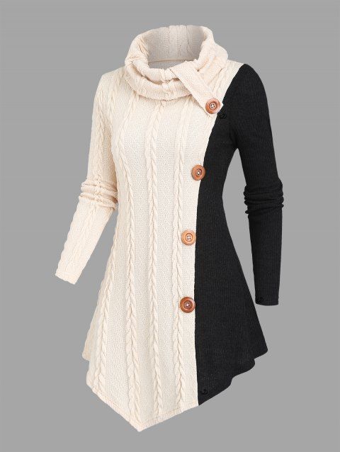 Pull en maille torsadée colorblock, col roulé à faux boutons, haut asymétrique