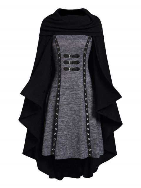 Ensemble deux pièces uni avec cape longue à capuche et mini robe en tricot sans manches