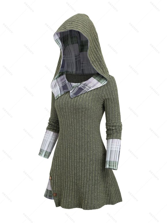 Pull à capuche 2 en 1 en tricot texturé à empiècements à carreaux - Vert profond XXL | US 14