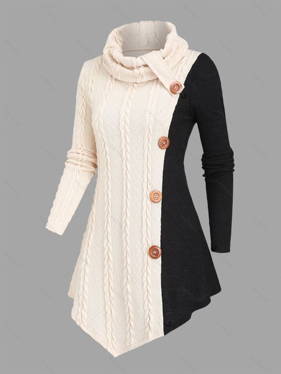 Pull en maille torsadée colorblock, col roulé à faux boutons, haut asymétrique - café lumière XXL | US 14