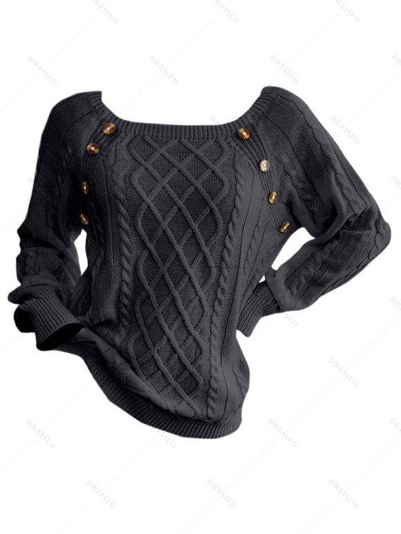 Pull en Tricot à Câble Boutonné à Manches Raglan à Col Rond - Noir S