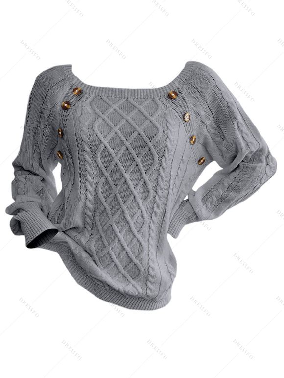 Pull en Tricot à Câble Boutonné à Manches Raglan à Col Rond - Gris S