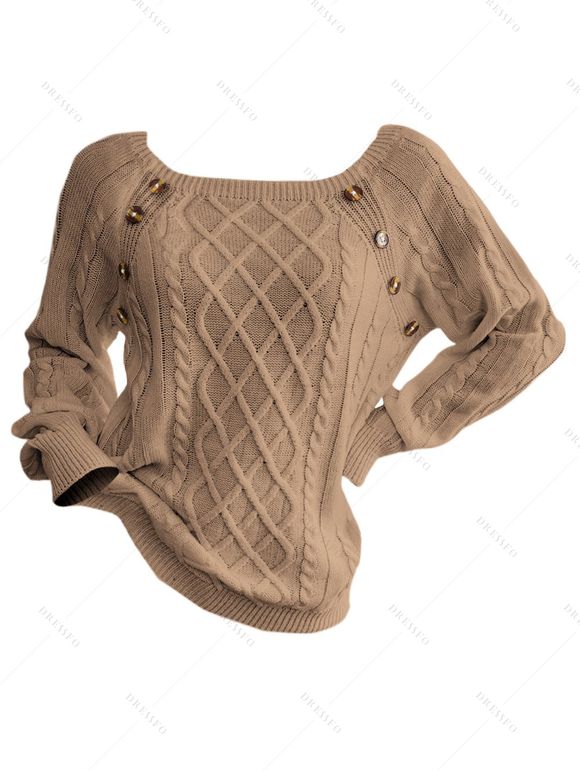 Pull en Tricot à Câble Boutonné à Manches Raglan à Col Rond - café 2XL