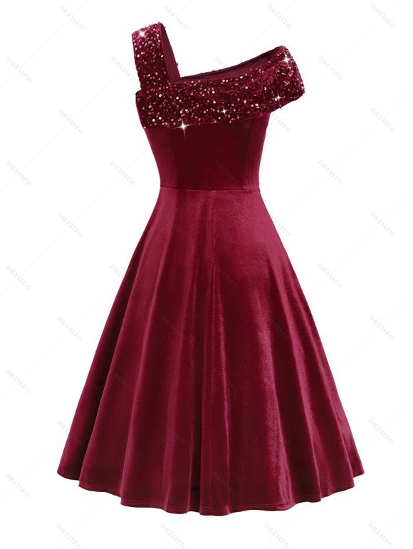 Robe de Soirée Boutonnée à Col Oblique à Paillettes en Velours - Rouge foncé M | US 6