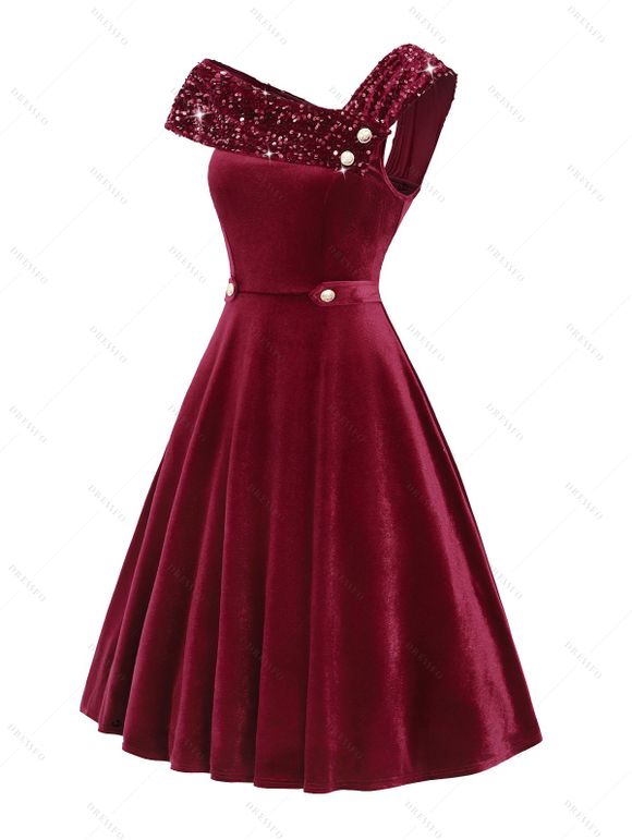 Robe de Soirée Boutonnée à Col Oblique à Paillettes en Velours - Rouge foncé M | US 6