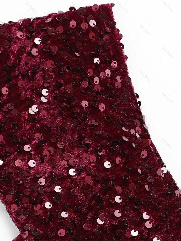 Robe de Soirée Boutonnée à Col Oblique à Paillettes en Velours - Rouge foncé M | US 6