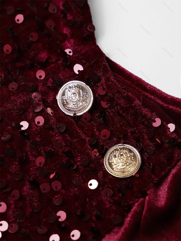 Robe de Soirée Boutonnée à Col Oblique à Paillettes en Velours - Rouge foncé M | US 6