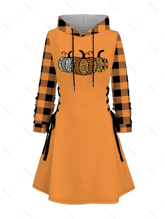 Robe à capuche d'Halloween à lacets et imprimé léopard citrouille et carreaux - Orange XXXXXL | US 20