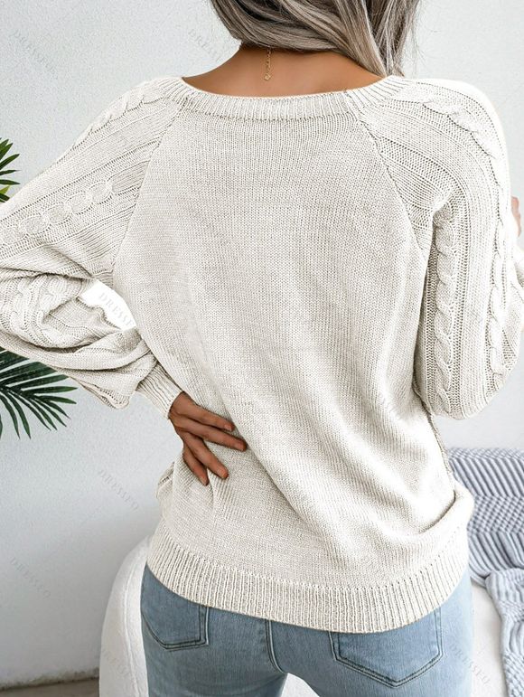 Women Outfit Cable Knit Mock Button Sweater Flare Jeans and Butterfly Earrings Set - Blanc S | US 4