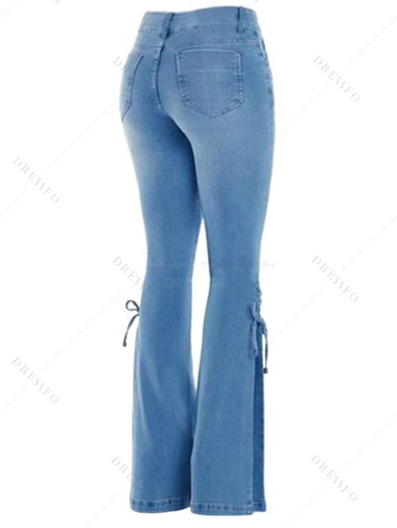 Women Outfit Cable Knit Mock Button Sweater Flare Jeans and Butterfly Earrings Set - Blanc S | US 4