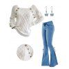 Women Outfit Cable Knit Mock Button Sweater Flare Jeans and Butterfly Earrings Set - Blanc S | US 4