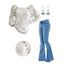 Women Outfit Cable Knit Mock Button Sweater Flare Jeans and Butterfly Earrings Set - Blanc S | US 4