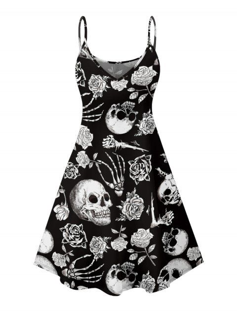 Robe gothique d'Halloween à bretelles spaghetti avec imprimé main et crâne rose