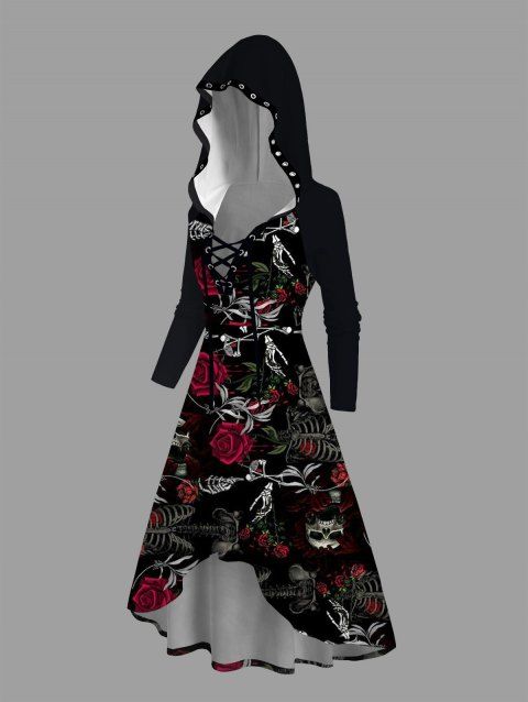 Robe à capuche gothique d'Halloween à lacets, motif crâne, squelette, rose, haut et bas
