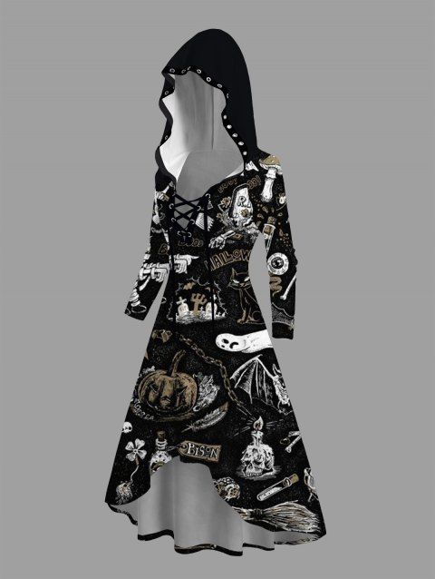 Robe à capuche gothique d'Halloween à lacets, imprimé citrouille, bougie, fantôme, haut et bas