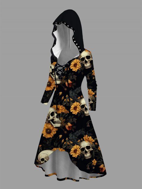 Robe à capuche gothique d'Halloween à lacets, imprimé tête de mort et tournesol, taille haute et basse