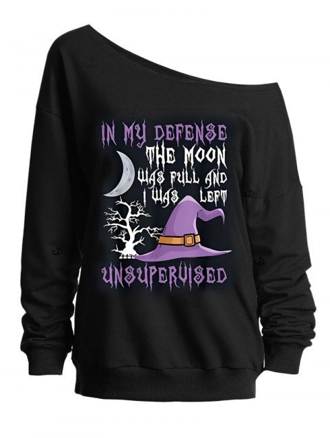Sweat-shirt gothique d'Halloween avec chapeau de sorcier et imprimé lune et lettres, col incliné
