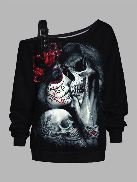 Sweat-shirt gothique à imprimé tête de mort et rose, avec boucle et col incliné