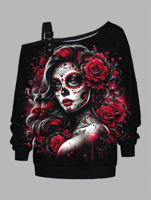 Sweat-shirt gothique à imprimé rose et sang avec boucle et col asymétrique