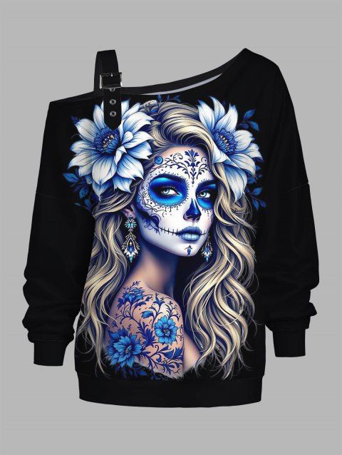 Sweat-shirt gothique à imprimé floral et col asymétrique avec boucle et sangle