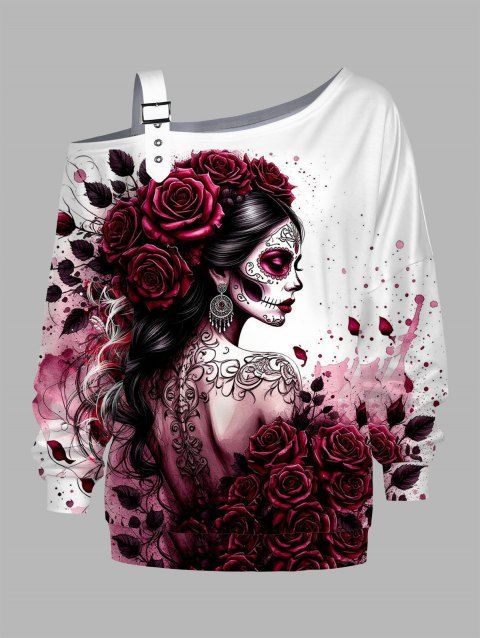 Sweat-shirt gothique à imprimé tête de mort et rose, avec boucle et col incliné