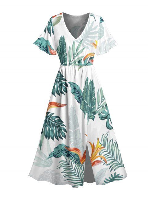 Robe de vacances mi-longue à imprimé végétal, manches évasées fendues et col en V