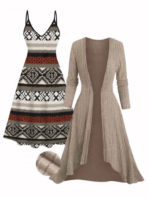 Ensemble robe à imprimé géométrique ethnique et haut long texturé ouvert sur le devant