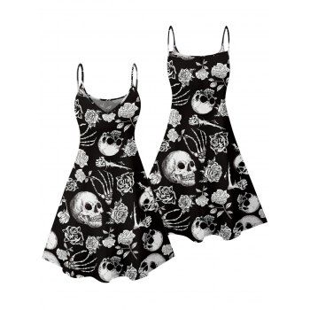 Halloween Gothic Dress Rose Skull Skeleton Hand Print Spaghetti Strap Dress