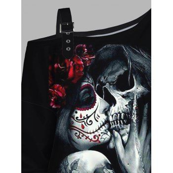 Gothic Sweatshirt Skull Rose Print Buckle Strap Skew Neck Sweatshirt