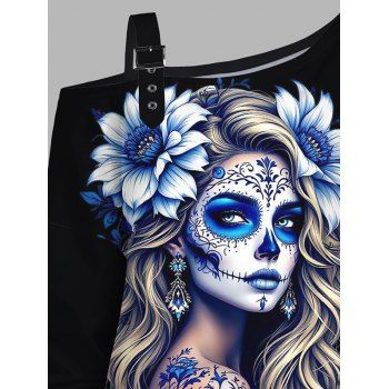 Gothic Sweatshirt Floral Girl Print Buckle Strap Skew Neck Sweatshirt