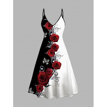 Contrast Color Rose Butterfly Print Dress and Open Front Long Top Set