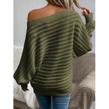 Solid Color Textured Sweater Batwing Sleeve Skew Neck Pullover Sweater
