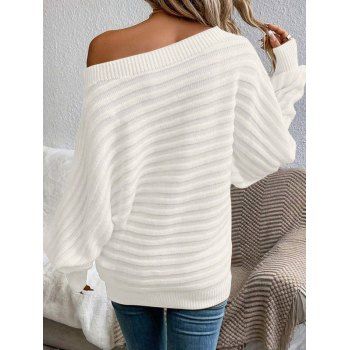 Solid Color Textured Sweater Batwing Sleeve Skew Neck Pullover Sweater