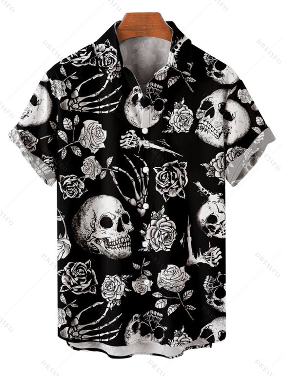 Chemise gothique pour homme avec imprimé main de squelette et crâne rose pour Halloween - Noir XXXXXL | US 20