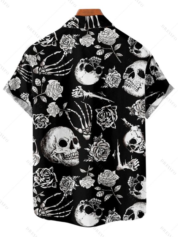Chemise gothique pour homme avec imprimé main de squelette et crâne rose pour Halloween - Noir XXXL | US 16