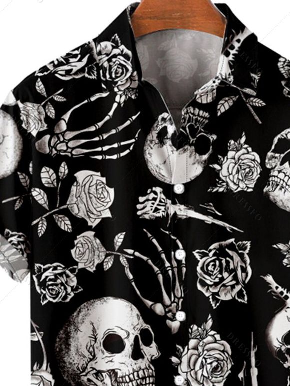 Chemise gothique pour homme avec imprimé main de squelette et crâne rose pour Halloween - Noir XXXL | US 16