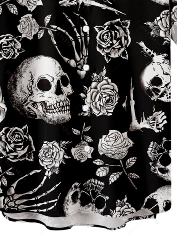 Chemise gothique pour homme avec imprimé main de squelette et crâne rose pour Halloween - Noir XXXL | US 16