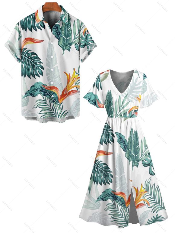 Vacation Couple Outfit Plant Print Flare Sleeve Slit Dress and Shirt Set - Vert S | US 4