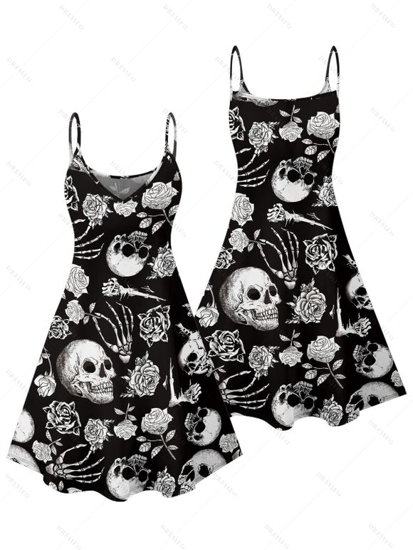 Robe gothique d'Halloween à bretelles spaghetti avec imprimé main et crâne rose - Noir XXXXXL | US 20