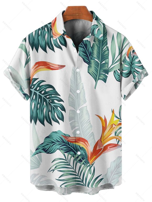 Vacation Couple Outfit Plant Print Flare Sleeve Slit Dress and Shirt Set - Vert S | US 4
