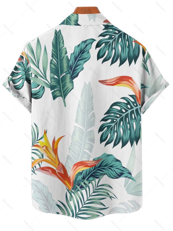 Vacation Couple Outfit Plant Print Flare Sleeve Slit Dress and Shirt Set - Vert S | US 4